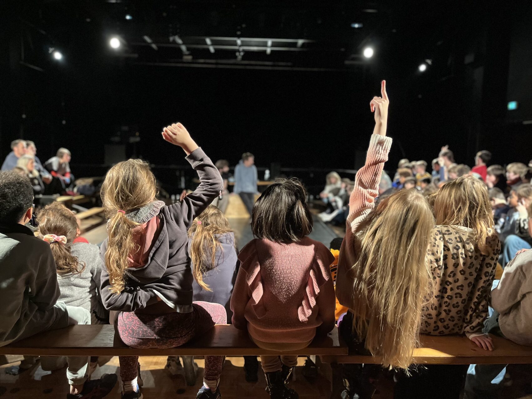 Séance scolaire avec des enfants de dos qui lèvent la main