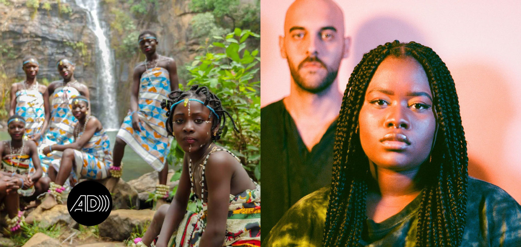 Portrait du groupe star feminine band en tenues traditionnelles béninoise et Uzi Freyja, une femme avec des tresses africaines prises en photo avec des lumières roses