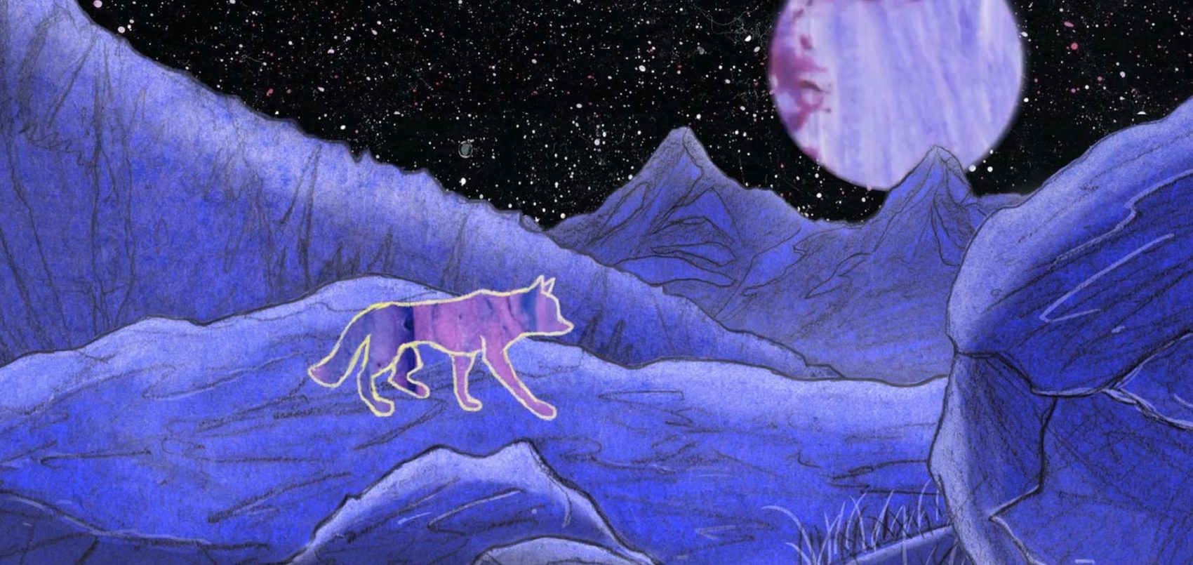 illustration d'un chien et la lune dans des tons violet