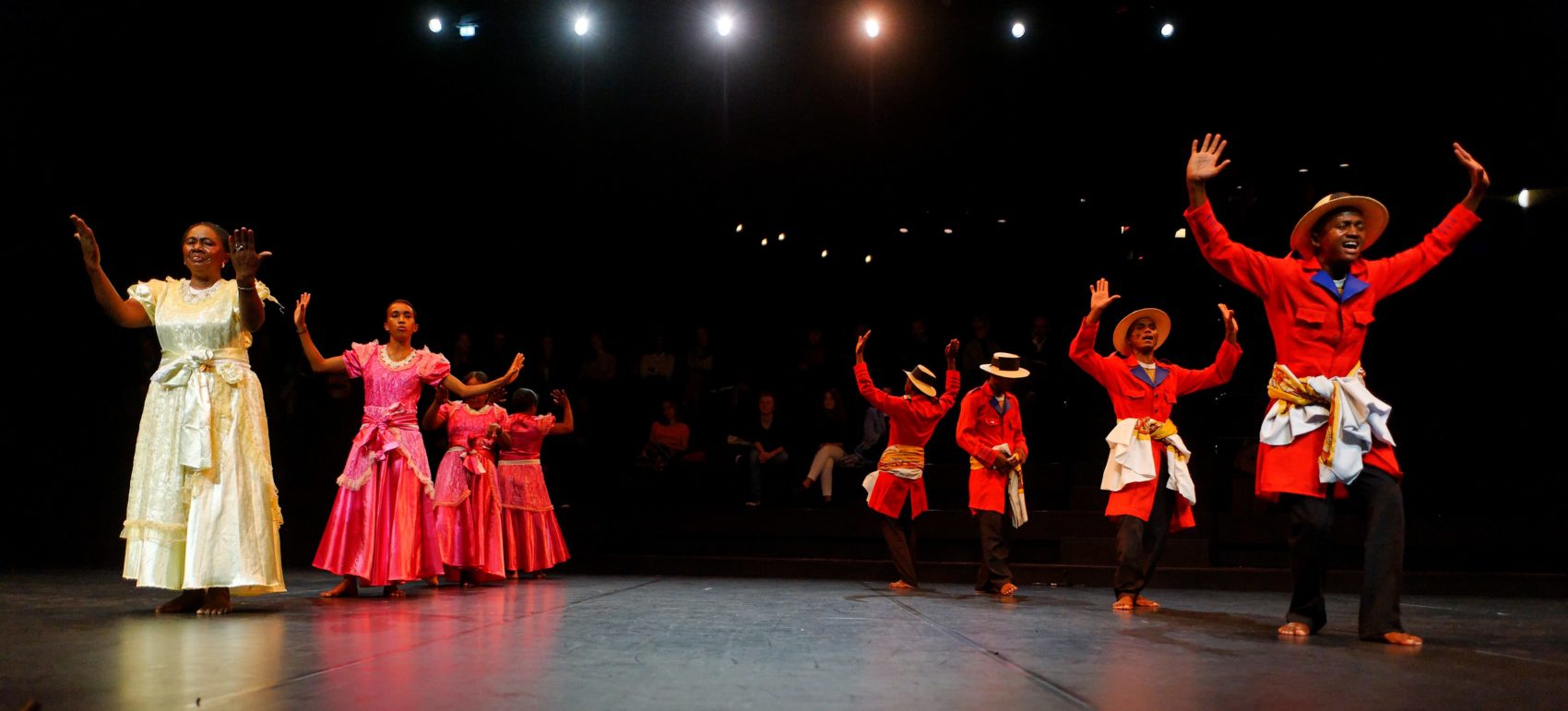 Photo de la troupe qui danse avec les hommes en colonne à droite et les femmes à gauche. 