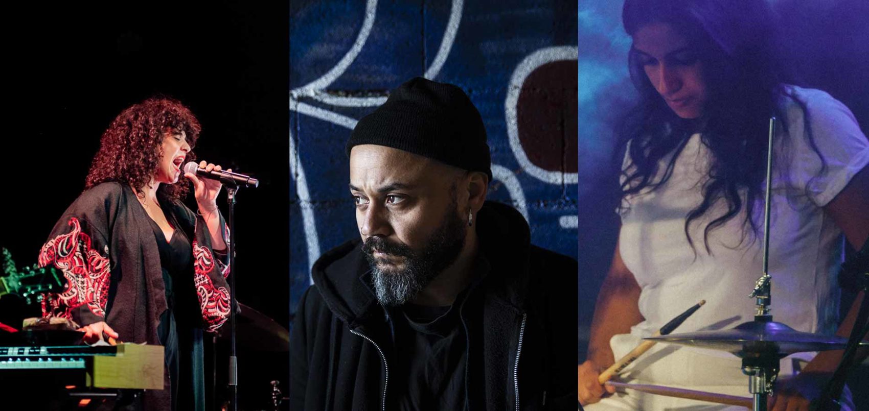 A gauche, la chanteuse de Meral Polat. Au milieu, un portrait de Scura fitchadu avec un bonnet noir. A droite, une femme qui fait de la batterie avec un t-shirt blanc