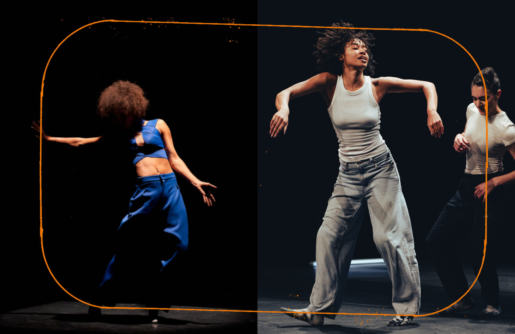 Deux photos, à gauche une femme en bleu qui danse et à droite deux femmes en t-shirt blanc et jean qui dansent également