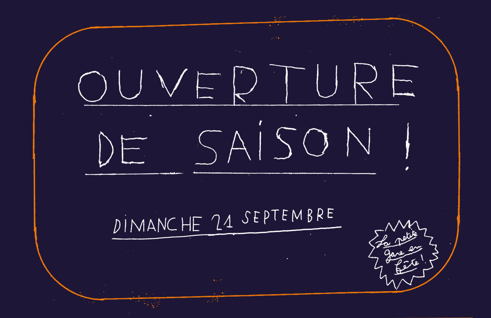 Visuel de l'ouverture de saison écrit à la main sur fond bleu foncé
