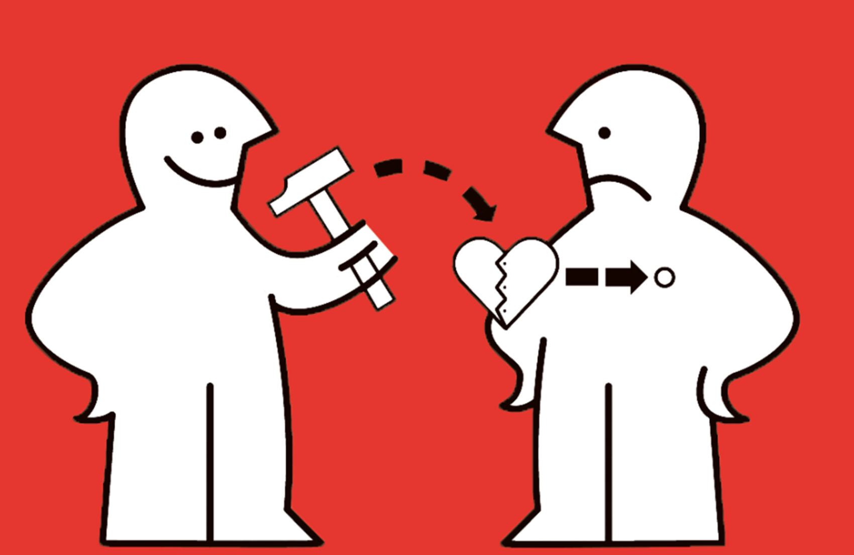 Illustration de personnages dans un style minimaliste. L'un tient un marteau, l'autre est triste et a le cœur brisé.